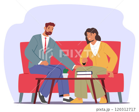 Man employee touching knee of his female colleague exhibiting inappropriate behavior at work Man employee touching knee of his female colleague exhibiting inappropriate behavior at work 120312717