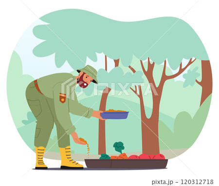 Man forest ranger character feeding animals with seed grains, fruits and vegetables in natural park 120312718