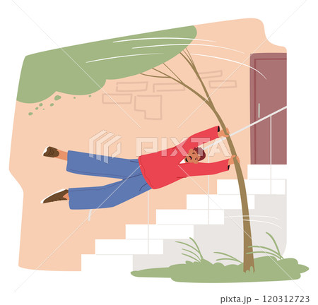 Helpless man character holding tree trunk trying to save his life during strong hurricane wind 120312723