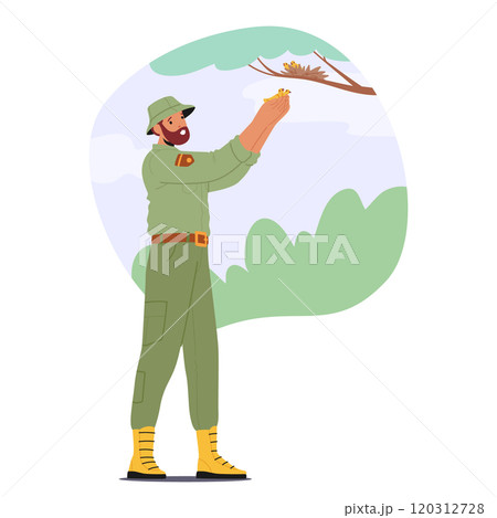 Forest ranger saving life of little birdie fallen down from nest during inspection in national park Forest ranger saving life of little birdie fallen down from nest during inspection in national park 120312728