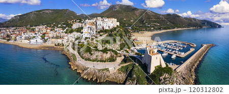Aerial view of old town Sperlonga and beach, ancient Italian city in province Latina on Tyrrhenian sea, tourists summer vacaton destination. 120312802