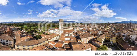 Italy ,Tuscany travel and landmarks. Lucca medieval historic town,  aerial drone panorama  120312829
