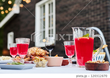 Close up background image of colorful lemonade drinks on table served for dinner party outdoors no people copy space Close up background image of colorful lemonade drinks on table served for dinner party outdoors no people copy space 120312870