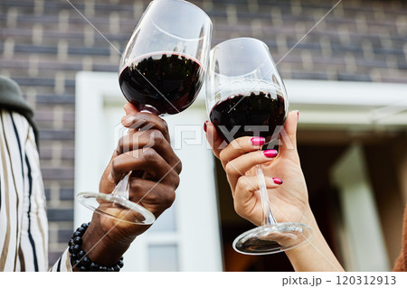 Side view closeup of young couple holding wine glasses outdoors and toasting in celebration with house in background 120312913