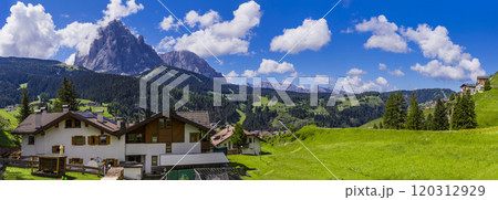 Alpine countryside . beautiful Alps mountains Dolomites, Val Gardena ski resort in south Tyrol in northern Italy. Alpine nature scenery 120312929