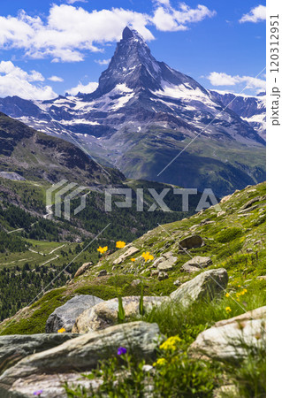 famous hiking trails in Switzerland, amazing Alps, Valais canton, panoramic view of Matterhorn iconic mountain famous hiking trails in Switzerland, amazing Alps, Valais canton, panoramic view of Matterhorn iconic mountain 120312951