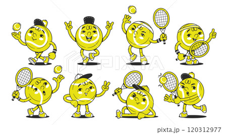 Comic tennis ball characters with anthropomorphic face demonstration different emotions and actions 120312977