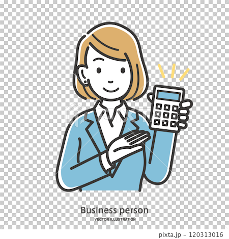 A female office worker in a suit presenting an estimated price on a calculator 120313016