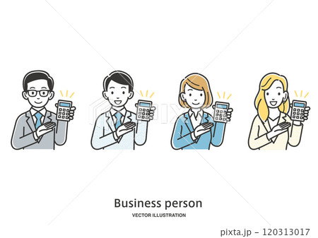 電卓で見積り金額を提示するスーツの男女の会社員 120313017