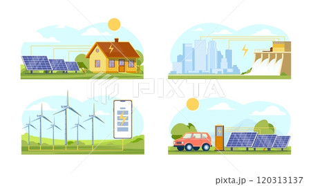 Alternative energy sources scenes. Generation of solar, wind, water power. Eco friendly technologies. Renewable and sustainable Electricity production. Electric generators vector set 120313137