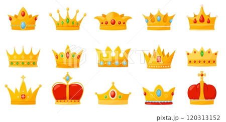 Cartoon golden crowns. Royal coronas with precious stones. Monarchic elements. King metal hats. Imperial symbols of power. Queen jewelry headwear. Coronation diadems. Recent vector set 120313152