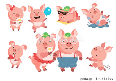 Cartoon pig characters. Cute domestic animals in different poses, actions and emotions. Smiling children and parents. Piggy family. Happy farm mammals. Pink piglets. Splendid vector set 120313155