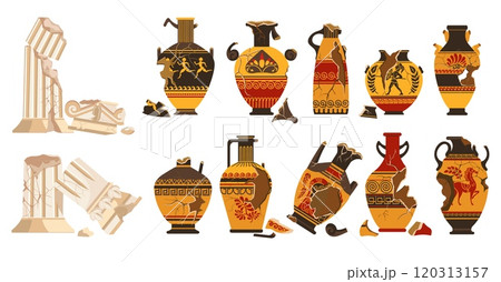 Cracked ancient Greek vases. Broken pottery. Marble columns with fissures. Historical crockery. Antique ceramics. Traditional clay amphorae. Corinthian colonnade. Splendid vector set Cracked ancient Greek vases. Broken pottery. Marble columns with fissures. Historical crockery. Antique ceramics. Traditional clay amphorae. Corinthian colonnade. Splendid vector set 120313157