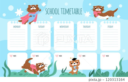 Cute weekly planner. Funny otters swim with hearts and stars. Kids school schedule design template. Kawaii animals timetable. Superhero weasel. Lessons planning list. Garish vector poster Cute weekly planner. Funny otters swim with hearts and stars. Kids school schedule design template. Kawaii animals timetable. Superhero weasel. Lessons planning list. Garish vector poster 120313164