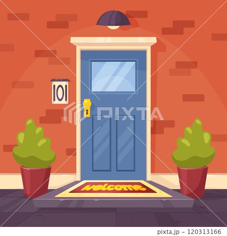 Entry with door mat. Front part of house. Welcome carpet for shoes. Home elements. Plants in outdoor pots. Masonry facade. Apartment doorway. Building porch entrance. Recent vector concept 120313166