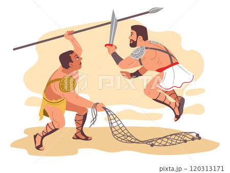 Gladiators fight scenes. Ancient Roman warriors. People in armor. Legionnaires in battlefield. Colosseum battles. Soldiers attacking and defending with weapon. Splendid vector concept 120313171
