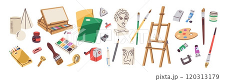 Painting accessories. Artist tools. Creative equipment. Plaster heads and figures. Brushes and pencils. Paint palette. Easel and sketchbook. Paper for drawing. Garish vector artistic set Painting accessories. Artist tools. Creative equipment. Plaster heads and figures. Brushes and pencils. Paint palette. Easel and sketchbook. Paper for drawing. Garish vector artistic set 120313179