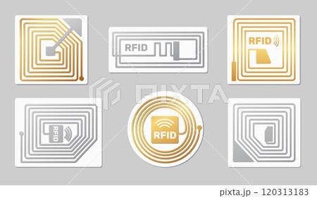 RFID tags. Golden and silver radio frequency identification stickers. Wireless technology. Privacy or protection chips. Identify microchip frame. Vector electronic access objects set 120313183