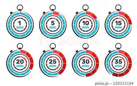 Round timer icons. Analog clock signs. 1 or 5 minutes. 10, 15 and 20 seconds stopwatch. Time counting emblems. Chronometer dial. Timepiece face. Delivery service symbols vector set 120313184
