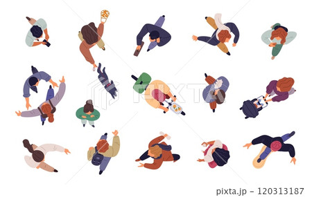 Walking people. Top view different persons. Male and female characters in casual clothes. Man on bicycle. Woman carry bag. Owner with dog. Mother with baby carriage. Garish vector set Walking people. Top view different persons. Male and female characters in casual clothes. Man on bicycle. Woman carry bag. Owner with dog. Mother with baby carriage. Garish vector set 120313187