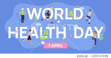 World health Day poster. Sporty active lifestyle. Happy healthy people running or jumping rope. Sportsman playing with ball. Wellness holiday event. Lettering words. Garish vector banner 120313190