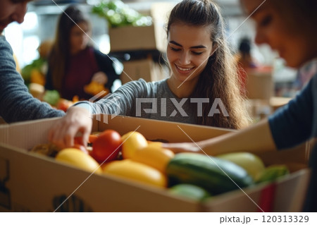 Volunteers placing fresh produce in cardboard box at food bank donation center 120313329