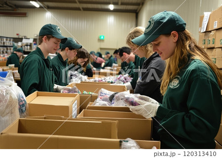 Volunteers preparing donation boxes at food bank warehouse 120313410