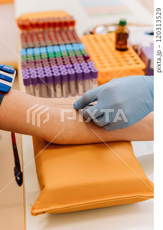 Healthcare professional preparing for a blood draw in a clinical laboratory setting Healthcare professional preparing for a blood draw in a clinical laboratory setting 120313529