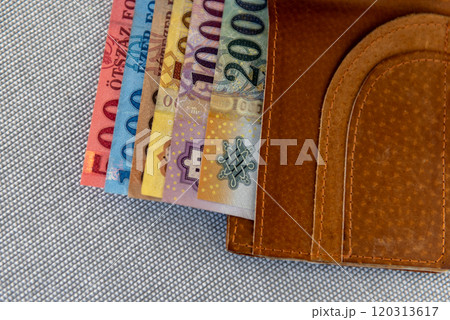Hungarian forint banknotes in a brown leather wallet. 120313617