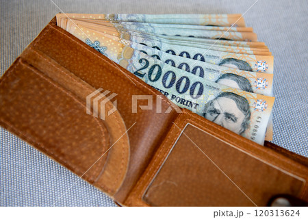 Hungarian forint banknotes in a brown leather wallet. 120313624