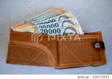 Hungarian forint banknotes in a brown leather wallet. Hungarian forint banknotes in a brown leather wallet. 120313625