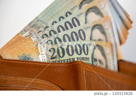 Hungarian forint banknotes in a brown leather wallet. 120313626