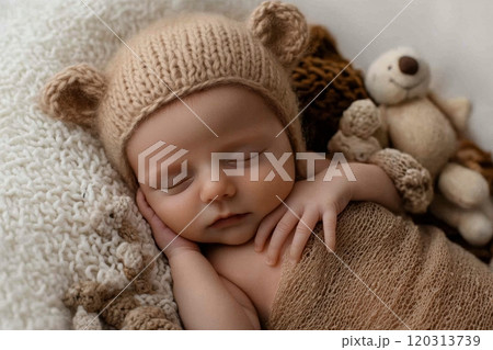 Newborn baby sleeping peacefully wearing knitted bear bonnet, first days of life 120313739