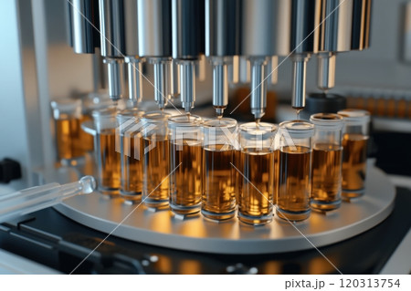 Pipetting machine dispensing liquid into vials in pharmaceutical production 120313754