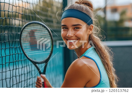 Smiling female tennis player holding racket on court Smiling female tennis player holding racket on court 120313762