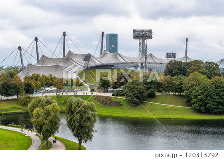 Munich, Germany - Oct 03, 2024: Stadium of the Olympiapark in Munich, Germany, constructed for the 1972 Summer Olympics 120313792
