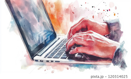 ノートパソコンを操作する手の水彩画イラスト 120314025