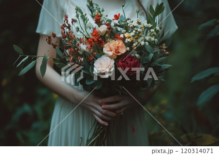 Bride holding colorful wedding bouquet with eucalyptus leaves 120314071