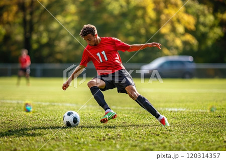 Soccer player kicking ball during championship match on field 120314357