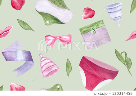 Reusable period pad, cups, pantie watercolor seamless pattern on green background. Perfect for menstrual care design, advertisements, packaging, cards, banners. Hand drawn in pink, grey, green tones 120314459