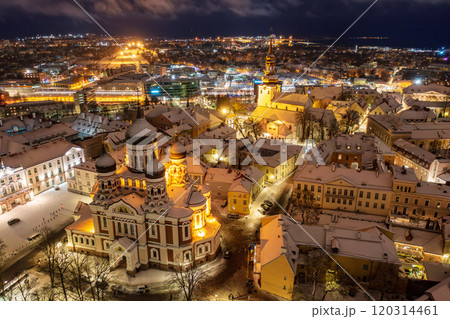 Aerial night View of Tallinn in winter with Alexander Nevsky Cathedral, roofs with snow, Christmas mood 120314461