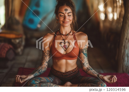Yogi woman meditating in lotus pose, finding inner peace and mindfulness 120314596