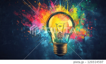 Light bulb exploding with colorful paint splash symbolizing creativity 120314597