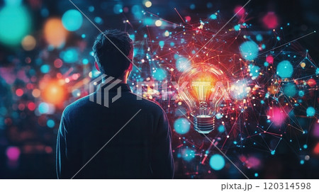 Businessman looking at glowing light bulb and colorful network connection, innovative idea and inspiration concept 120314598