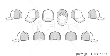 Set of Trucker Net Cap Hat with mesh. Summer Head Fashion accessory clothing technical illustration. Vector headgear 120314863