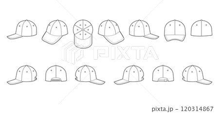 Set of Baseball Dad Cap Hat. Summer Head Fashion accessory clothing technical illustration. Vector headgear for Men,  120314867