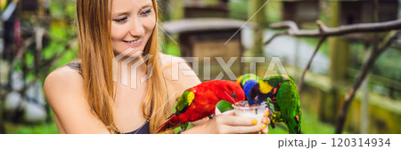 Young woman feeding big tropical parrots with milk BANNER, LONG FORMAT 120314934