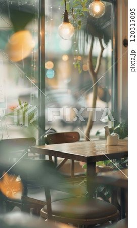 Restaurant interior with diners and a wooden table. Cafe atmosphere. 120315095