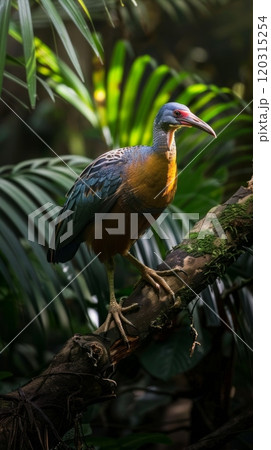 Small bird perched on tree branch in dark green forest. Wildlife observation concept. 120315254