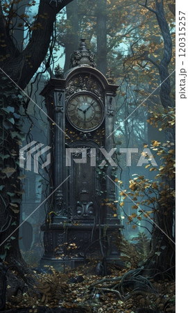 A clock tower in a forest with vines growing on it A clock tower in a forest with vines growing on it 120315257